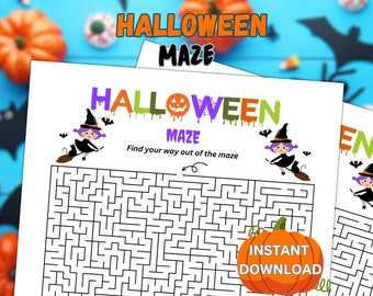 May include: Printable Halloween maze activity featuring a witch flying on a broomstick with a black cat. The maze is designed for kids and includes the text "Halloween Maze" and "Find your way out of the maze".