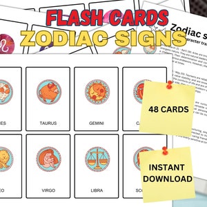 Tarjetas Flash imprimibles de signos del zodíaco de dibujos animados/tarjetas Montessori/48 tarjetas Flash de nomenclatura/tarjetas imprimibles PDF juguetes preescolares