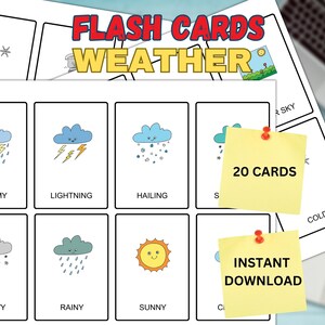 Cartões flash meteorológicos imprimíveis | Cartões Montessori | 20 cartões flash de nomenclatura | Cartões para impressão em PDF, brinquedos pré-escolares