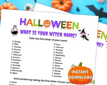 Halloween: ¿Cuál es tu nombre de bruja? / Actividad imprimible para fiestas infantiles y de adultos (Descarga digital)