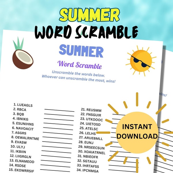 Printable Summer Word Scramble | Summer Activity for Kids and Adults | Party Games | Summer Game | Family Game | Summertime Game