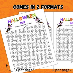 May include: Two printable Halloween maze designs featuring a witch on a broomstick. The first design has one maze per page, the second design has two mazes per page.  The text "COMES IN 2 FORMATS" is at the top of the image.