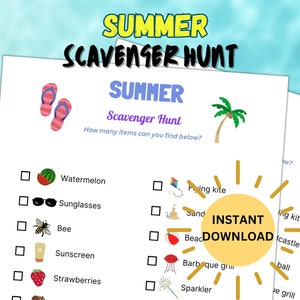 Caça ao tesouro de verão para impressão para crianças | Jogo de festa de verão | Atividade Infantil | Jogo de família | Jogos para crianças | Atividade ao ar livre | Natureza