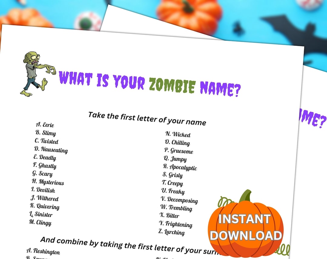Printable Halloween What is Your Zombie Name Halloween Activity for
