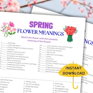Printable Spring Flower Meanings | Spring Activity for Kids and Adults | Party Games | Spring Game | Family Game | Springtime Game