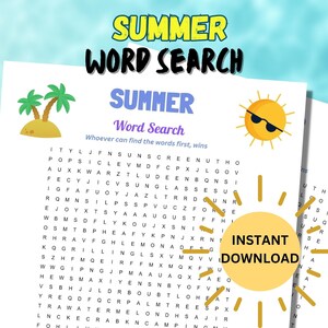 Printable Summer Word Search | Summer Activity for Kids and Adults | Party Games | Summer Game | Family Game | Summertime Game