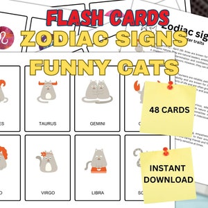 Printable Cute Funny Zodiac Cat Signs Flash Cards | Montessori cards | 48 Nomenclature Flash Cards | PDF Printable Cards Preschool Toys