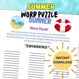 Printable Summer Word Puzzle Game | Summer Activity for Kids and Adults | Party Games | Summer Game | Family Game | Summertime Game