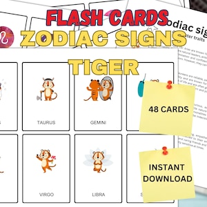 Printable Cute Tiger Zodiac Signs Flash Cards | Montessori cards | 48 Nomenclature Flash Cards | PDF Printable Cards Preschool Toys
