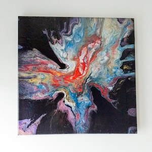 May include: Abstract painting with swirling colours of red, blue, purple, white, and gold on a black background.