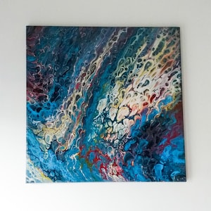 May include: Abstract painting with swirling blue, white, yellow, and red colours. The painting has a textured, fluid look, resembling a flowing liquid.