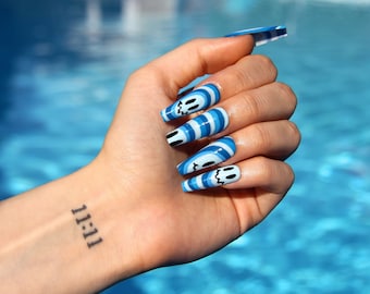 Happy Face Blue Handmade Press On Nails Clawsbymags