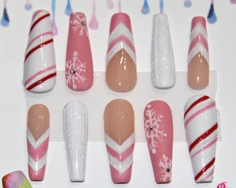 Pink Candy Cane Christmas Snowflake Handmade Nails Clawsbymags