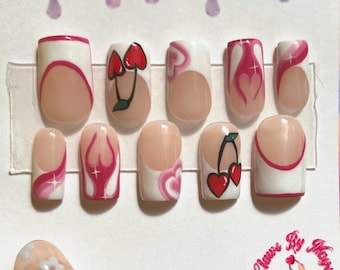Valentines Press On Nails | Valentines Day Nails |Cherry Press Ons | Clawsbymags