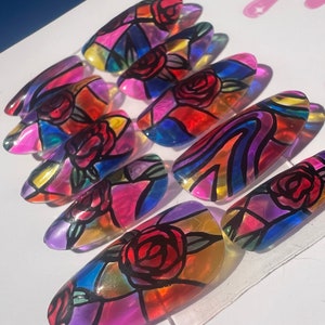Stain glass rose press ons
