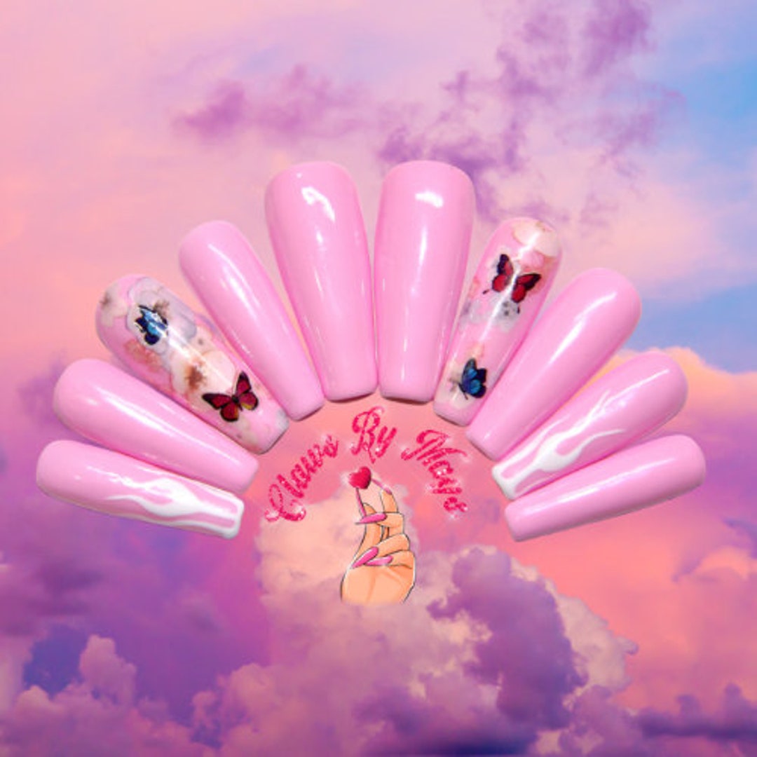 Pink Butterfly Luxury Press on Nails Clawsbymags 