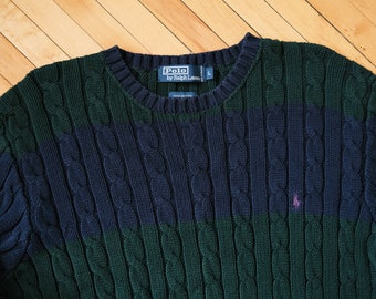 Polo Ralph Lauren Cable Knit Cotton Crewneck in Dark Green + Navy Blue Colors / Size L