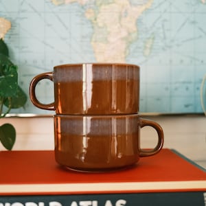 Vintage Brown Glaze Mugs: Set of 2 Wide Stoneware Coffee Cups