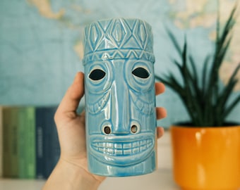 Blue Ceramic Tiki Style Candle Holder / Tealight Candle Holder