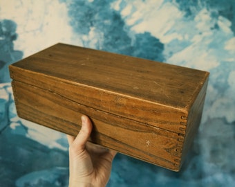 Vintage Long Wooden Recipe File Box with Hinged Top 12.5 x 5.7"