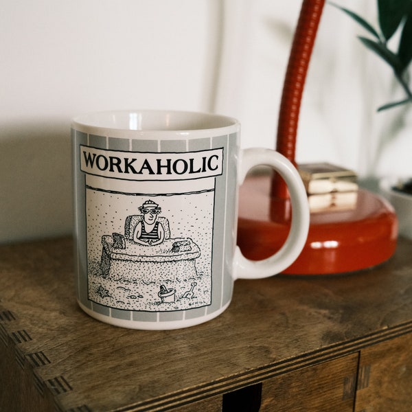 Vintage "Workaholic" Stoneware Mug / Comic Illustration by Schill