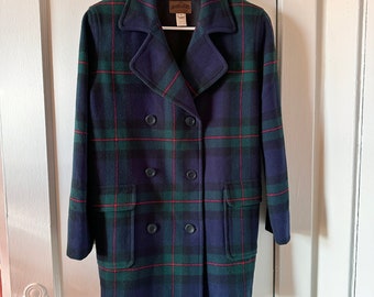 Vintage Pendleton Wool Green Tartan Plaid Double Breasted Peacoat / 100% Virgin Wool / Made in USA / Size US S