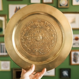 Vintage Mayan Calendar Brass Wall Plate - Embossed Decor (11&quot;)