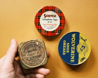Set of 3 Vintage Small Tins - Scotch, Elgin National Watch, Wolverine Shoe Grease.