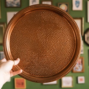 Vintage 12&quot; Round Hammered Copper Tray / CopperCraft Guild
