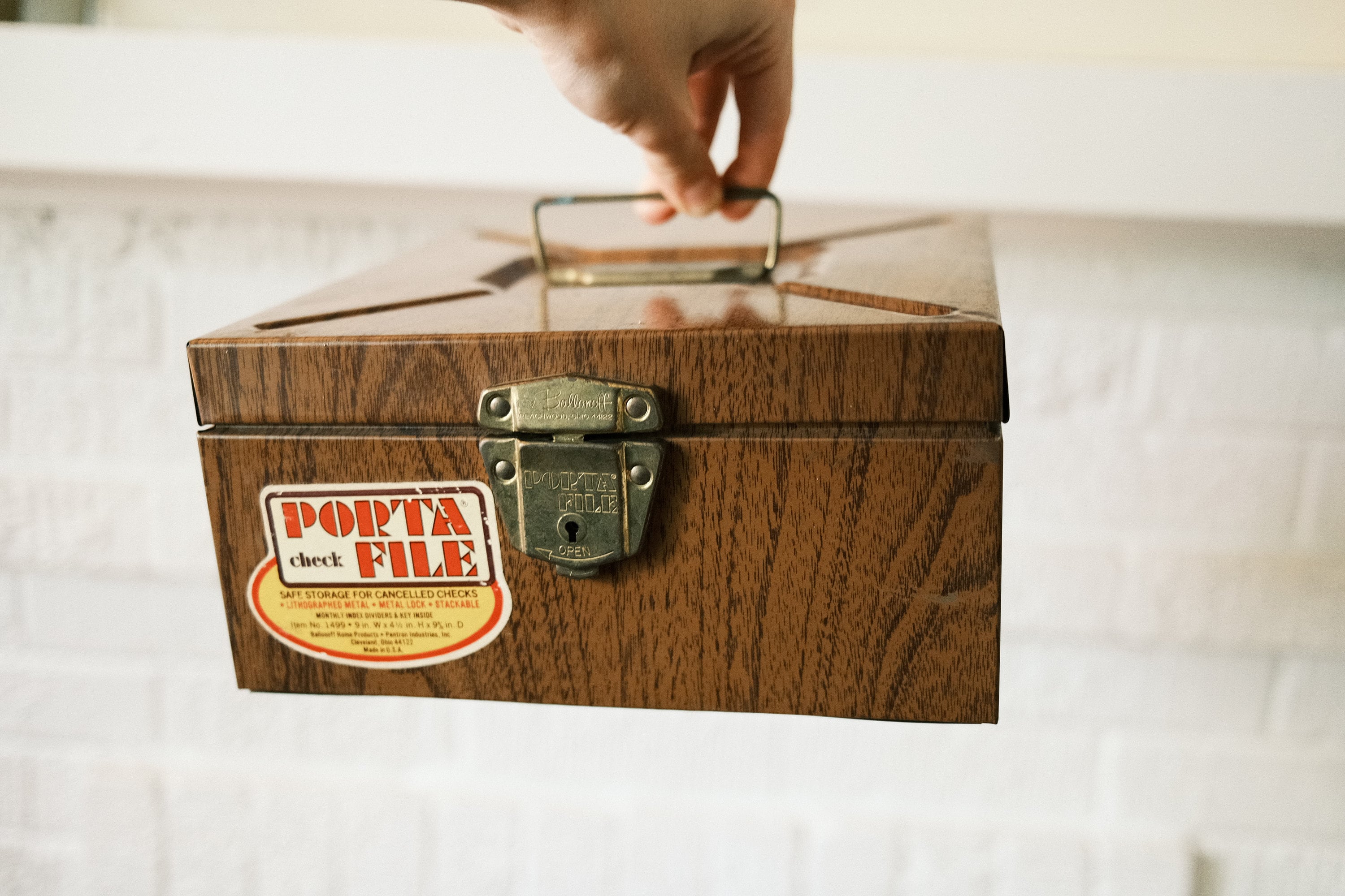 Vintage Porta File Tin Metal Document Holder Storage Box Wood