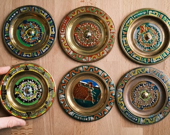 Brass and Enamel Painted Mayan Coasters / Set of Six Mini Plates