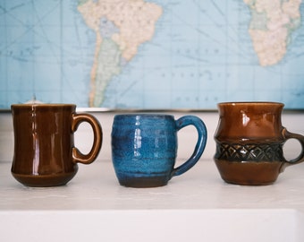 Trio of Vintage Brown Glaze 8 oz Pottery Mugs / McCoy Pottery 1051 Gourmet Parisianne Brown Mug + Rego Dining Mug + Blue Glaze Handmade Mug