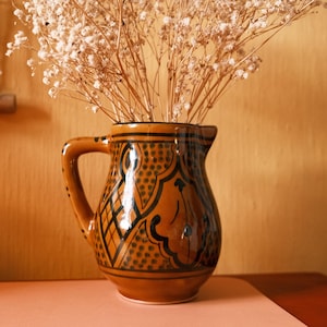 Vintage Tunisian Ceramic Pitcher: Handpainted Brown Glaze Pottery