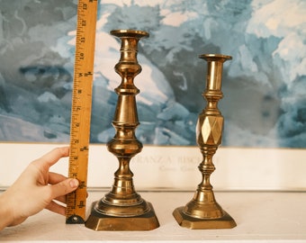11" + 10"  Tall Pair of Mismatched Brass Candlesticks / Pair of Large Brass Candlestick Holders