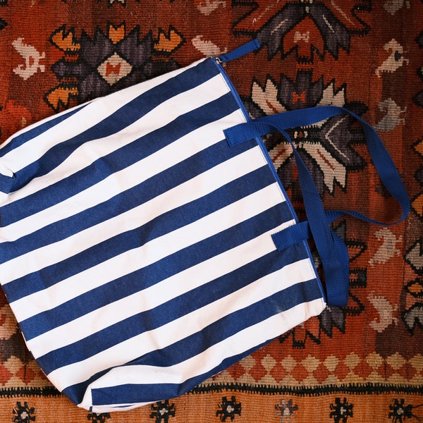 Blue and White Vertical Stripes Canvas Tote Bag / Zip Closure / Lined