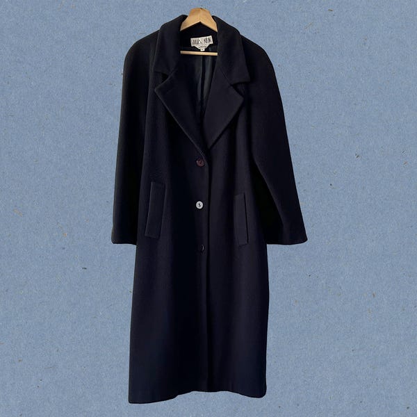 Vintage Julia Klein Long Navy Blue Wool Single Breasted Coat / Size 8 / Full Lenght Maxi Navy Wool Coat