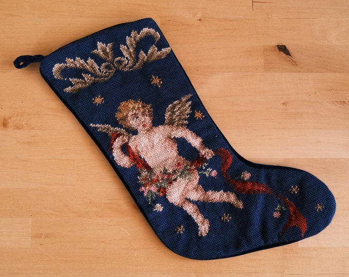 Vintage Imperial Elegance Needlepoint Christmas Stocking Cherub Angel