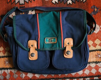 Vintage 80s Alexander Julian Colours Blue + Green Canvas Messenger Bag