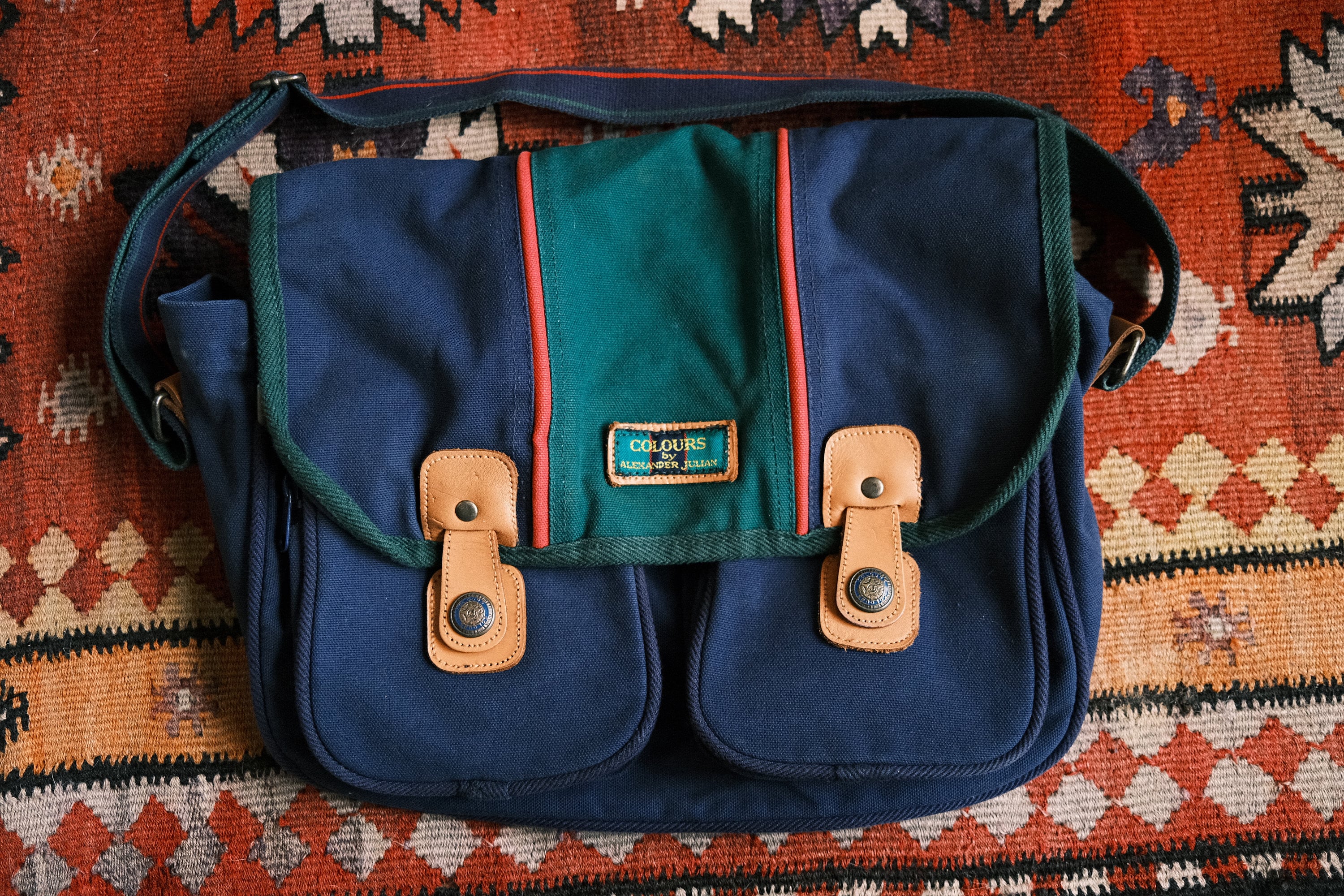 Vintage 80s Alexander Julian Colours Blue + Green Canvas Messenger