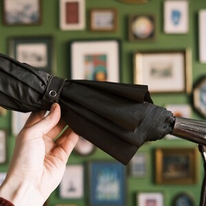 Puede incluir: Un paraguas negro cerrado con un mango plateado y una correa de mu&ntilde;eca marr&oacute;n. El paraguas est&aacute; sostenido por una mano. El fondo es una pared verde con cuadros enmarcados.