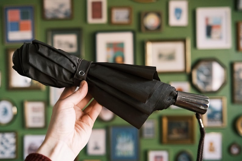 Puede incluir: Un paraguas negro cerrado con un mango plateado y una correa de mu&ntilde;eca marr&oacute;n. El paraguas est&aacute; sostenido por una mano. El fondo es una pared verde con cuadros enmarcados.