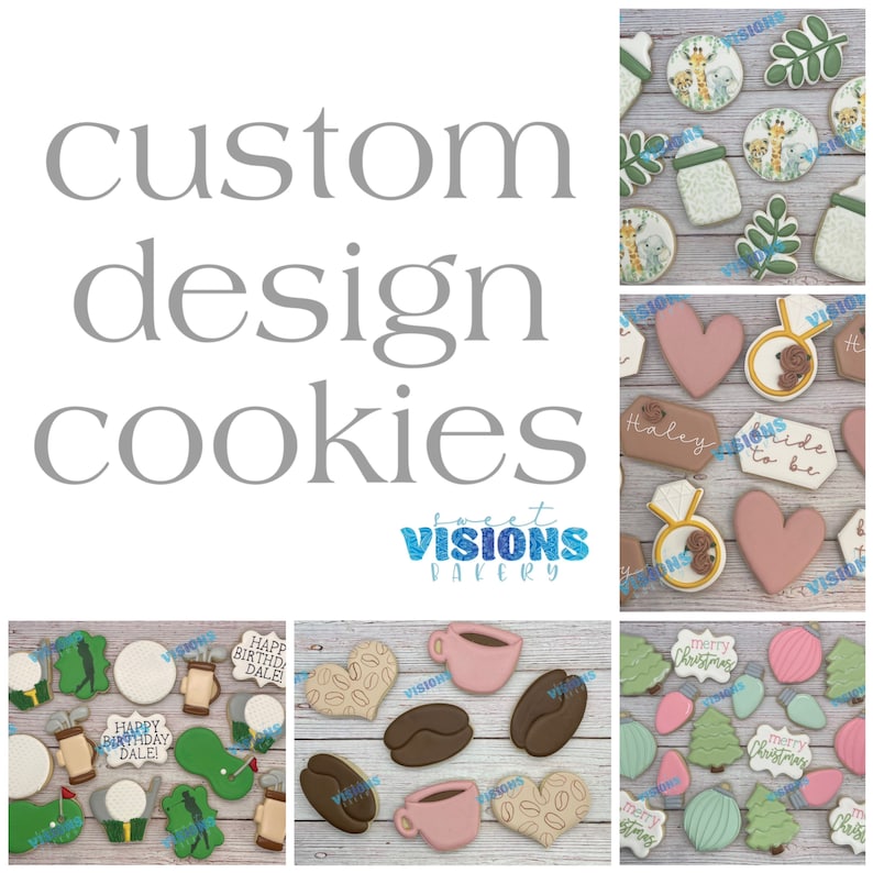 May include: Assortment of custom designed sugar cookies. The cookies are decorated with various themes, including golf, coffee, Christmas, and a bridal shower. The cookies are decorated with colorful icing and sprinkles.