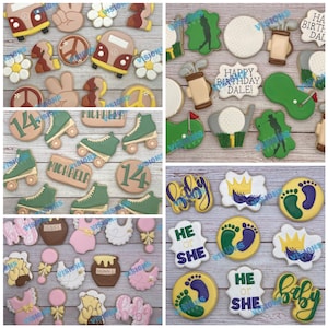 May include: Assortment of decorated sugar cookies with various themes, including a birthday theme with the text "Happy Birthday Dale!" and a baby shower theme with the text "He or She".