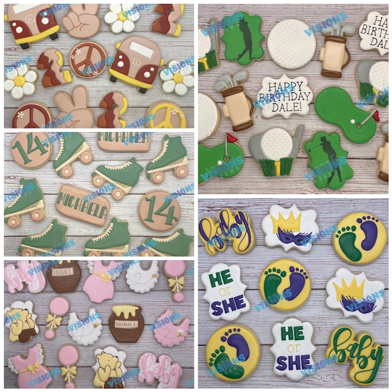May include: Assortment of decorated sugar cookies with various themes, including a birthday theme with the text "Happy Birthday Dale!" and a baby shower theme with the text "He or She".
