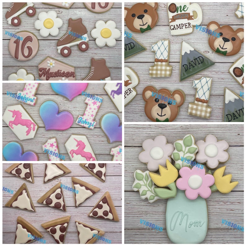 May include: Assortment of decorated sugar cookies featuring various themes, including a unicorn, a heart, a bear, a camper, a flower bouquet, and pizza slices. The cookies are decorated with colorful icing and sprinkles.