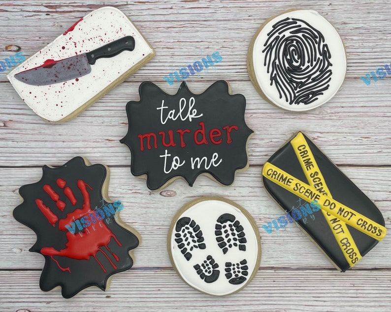 May include: Six decorated sugar cookies with a crime scene theme. The cookies are decorated with a bloody knife, a bloody handprint, a fingerprint, a crime scene tape, footprints, and a black and white sign that says "talk murder to me".