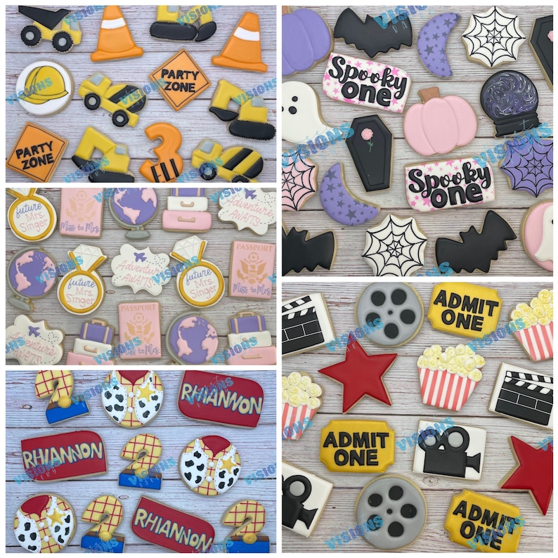 May include: Assortment of decorated sugar cookies featuring various themes, including construction, travel, Halloween, and movie night.  The cookies are decorated with colorful icing and various designs, including a ghost, a pumpkin, a film reel, and a construction truck.