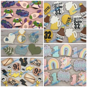 May include: Assortment of decorated sugar cookies featuring various themes, including a birthday celebration with the number 32, a baby wizard with a lightning bolt and a wand, a rainbow and unicorn, and a heart and ring.