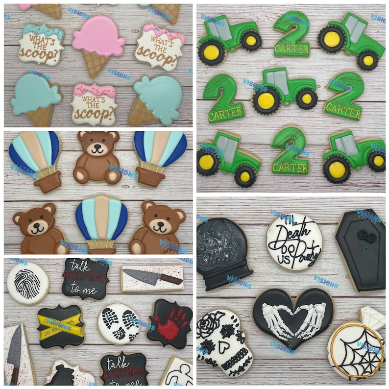 May include: Assortment of decorated sugar cookies with various themes, including ice cream, hot air balloons, teddy bears, tractors, numbers, skulls, hearts, and coffins.  The cookies are decorated with colorful icing and sprinkles.