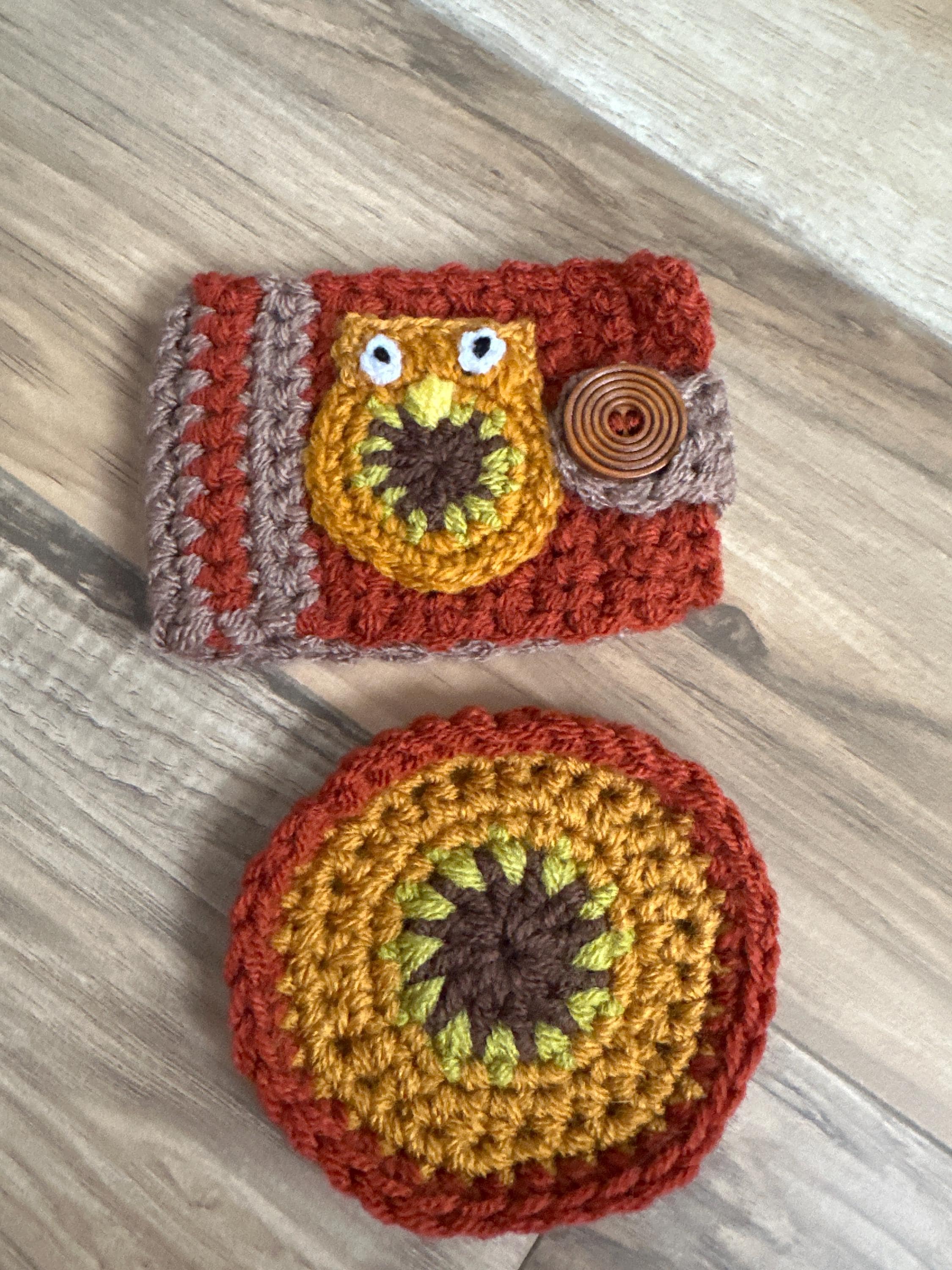 Crocheted Owl Mug Hugger, coaster, Colorful Design. Various colours